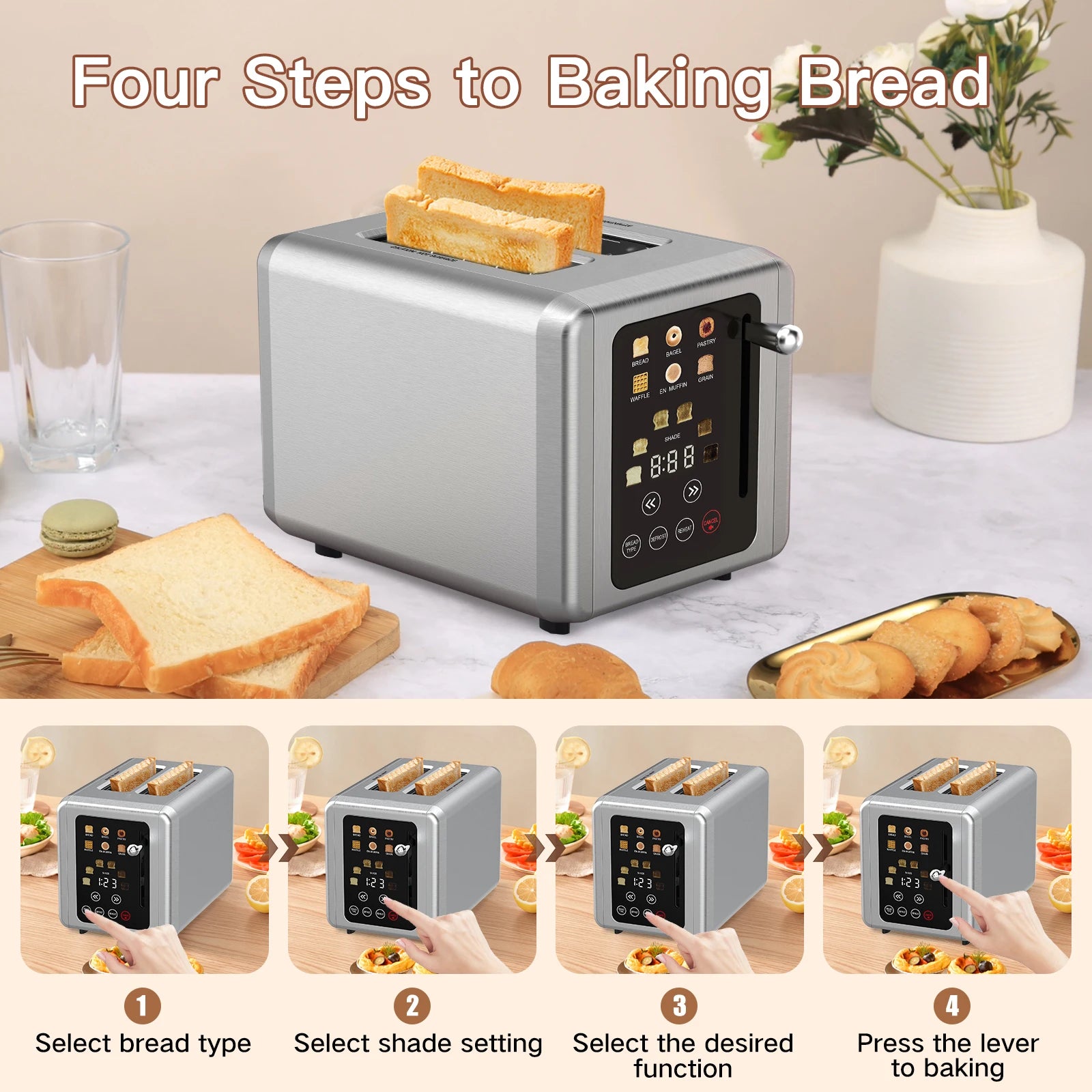 OMESER Küche Edelstahl Zwei Scheiben Toaster Touchscreen Hause Automatische Brot Toaster Frühstück Maschine 6 Bräunungsstufen