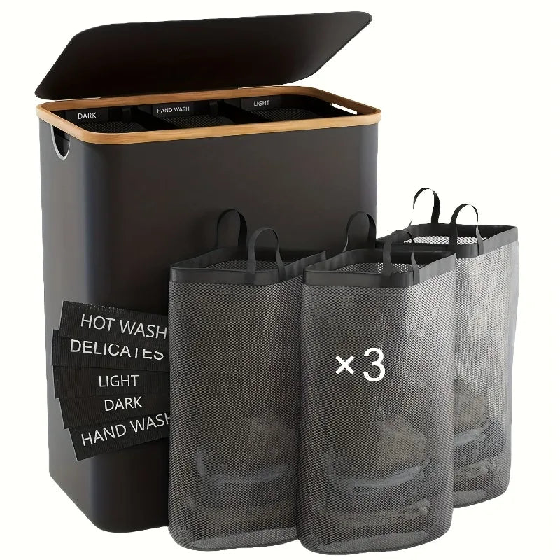 160 l extra großer Wäschekorb mit Deckel, 3 Gitter, Innentaschen, Wäschekorb, Griffe, Klassifizierungsetiketten, faltbarer Wäschekorb