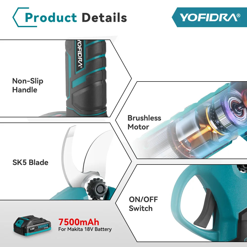 YOFIDRA 30 MM Bürstenlose Scheren Schere 2 Gänge Cordless Garten Obst Baum Zweig Beschneiden Power Werkzeuge Für BL1850B 18 V batterie