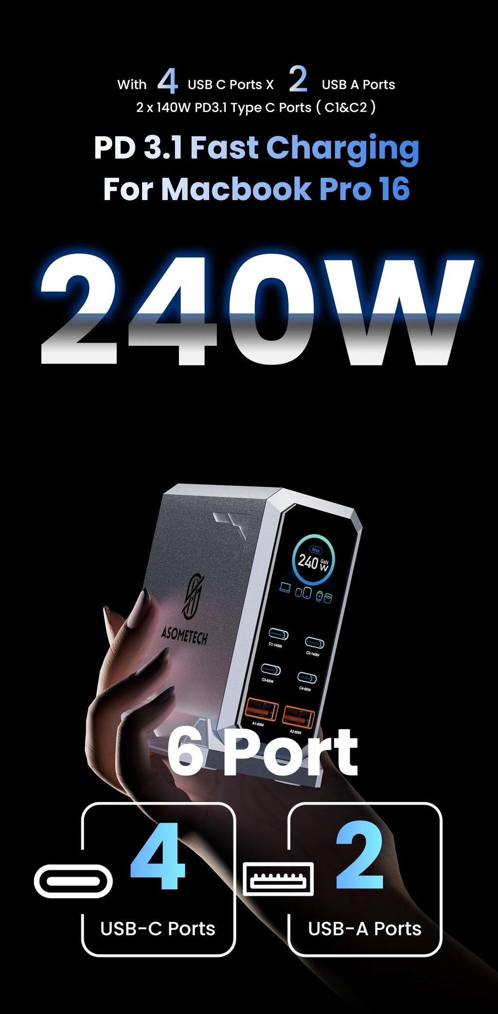 240 W GaN Ladegerät PD3.1 140 W USB Typ C 6 Ports PPS PD Desktop Schnellladestation für MacBook Laptops Tablet iPhone Samsung