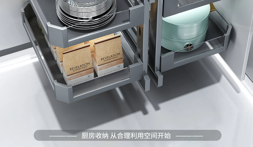 Eckkorb, Küchenschrank, komplett ausziehbar, Aufbewahrungsregal mit zwei Schubladen, Eckkorb