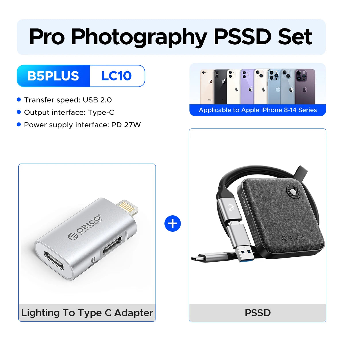 ORICO Tragbare SSD mit 2-in-1-USB-C-Kabel, externen Solid-State-Laufwerke, bis zu 460 MB/s für iPhone 14 13 11 12 X IPad PC