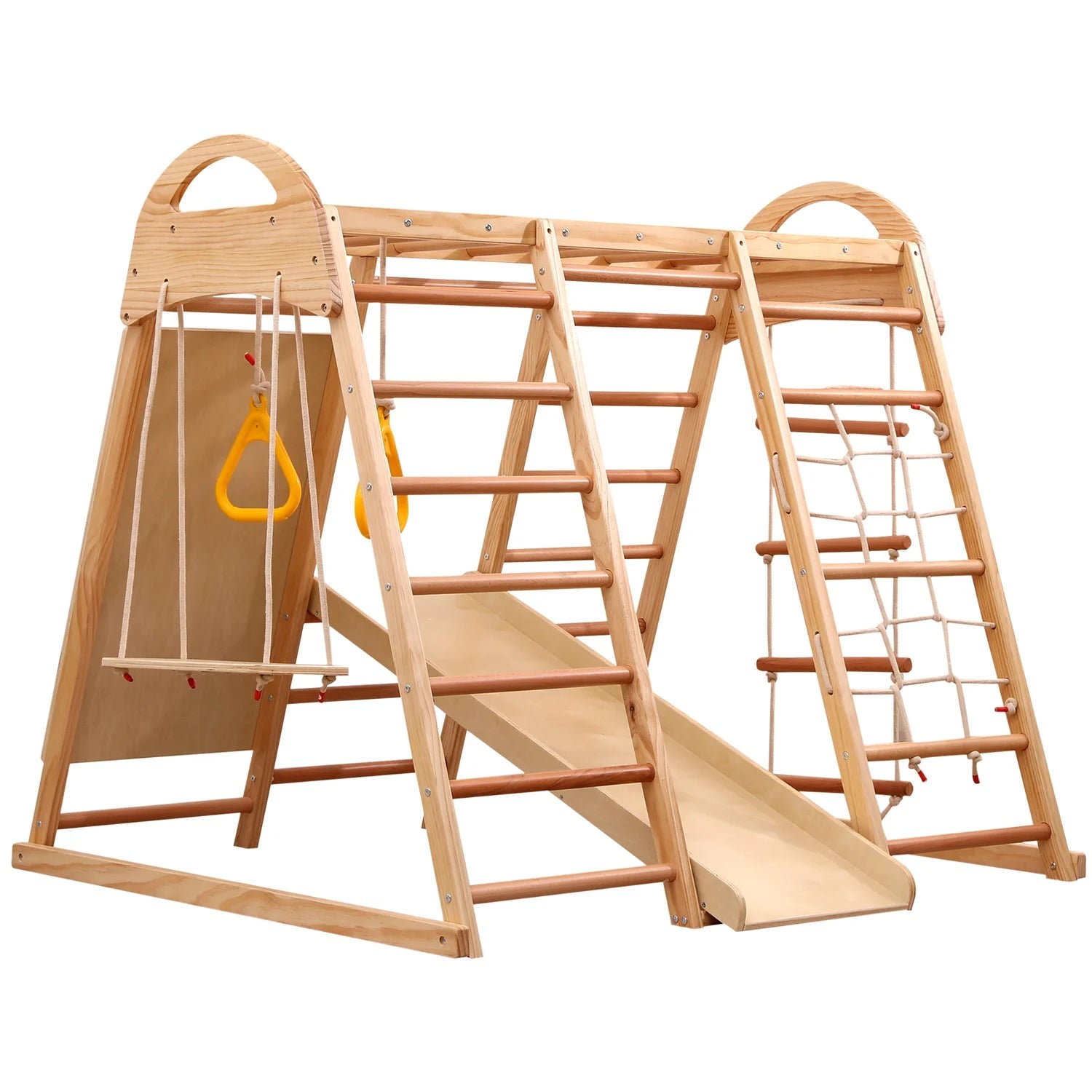 7-in-1 Multifunktionales Klettergerüst aus Holz mit Rutsche und Schaukel, Kletterleiter/Netz/Steinen, Indoor-Spielplatzspielzeug für Kinder ab 3 Jahren