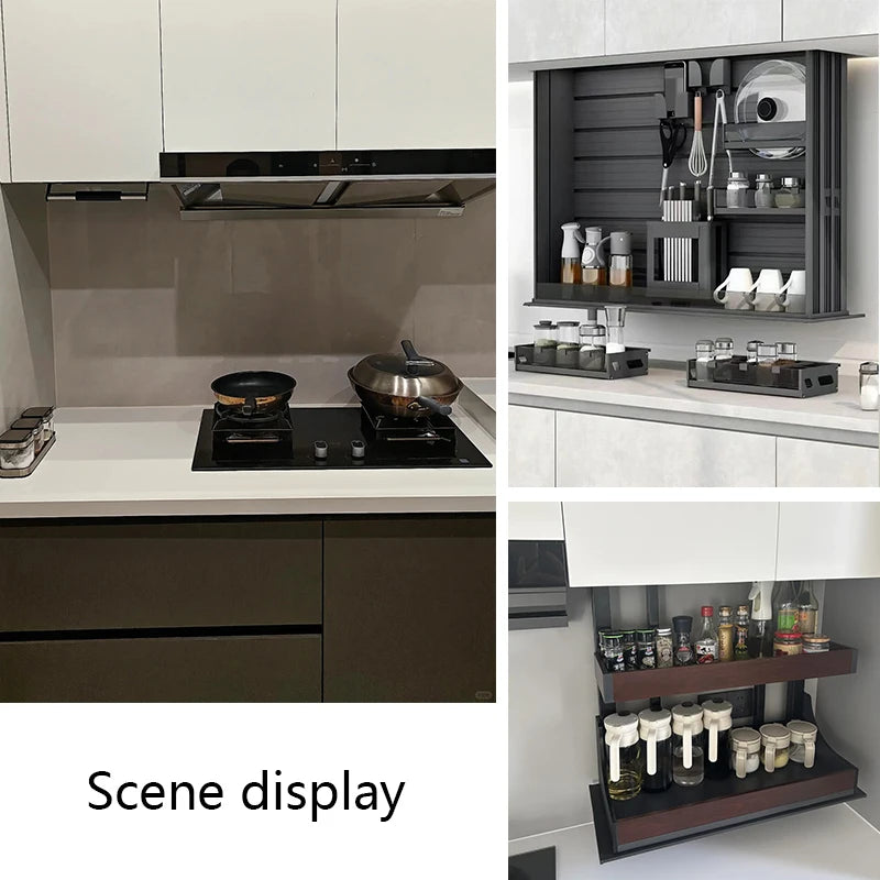 Hebender Zugkorb für den Küchenschrank, oberer Schrank, oberer und unterer Puffer, herunterziehbarer Gewürzkorb, Küchenschrankregal