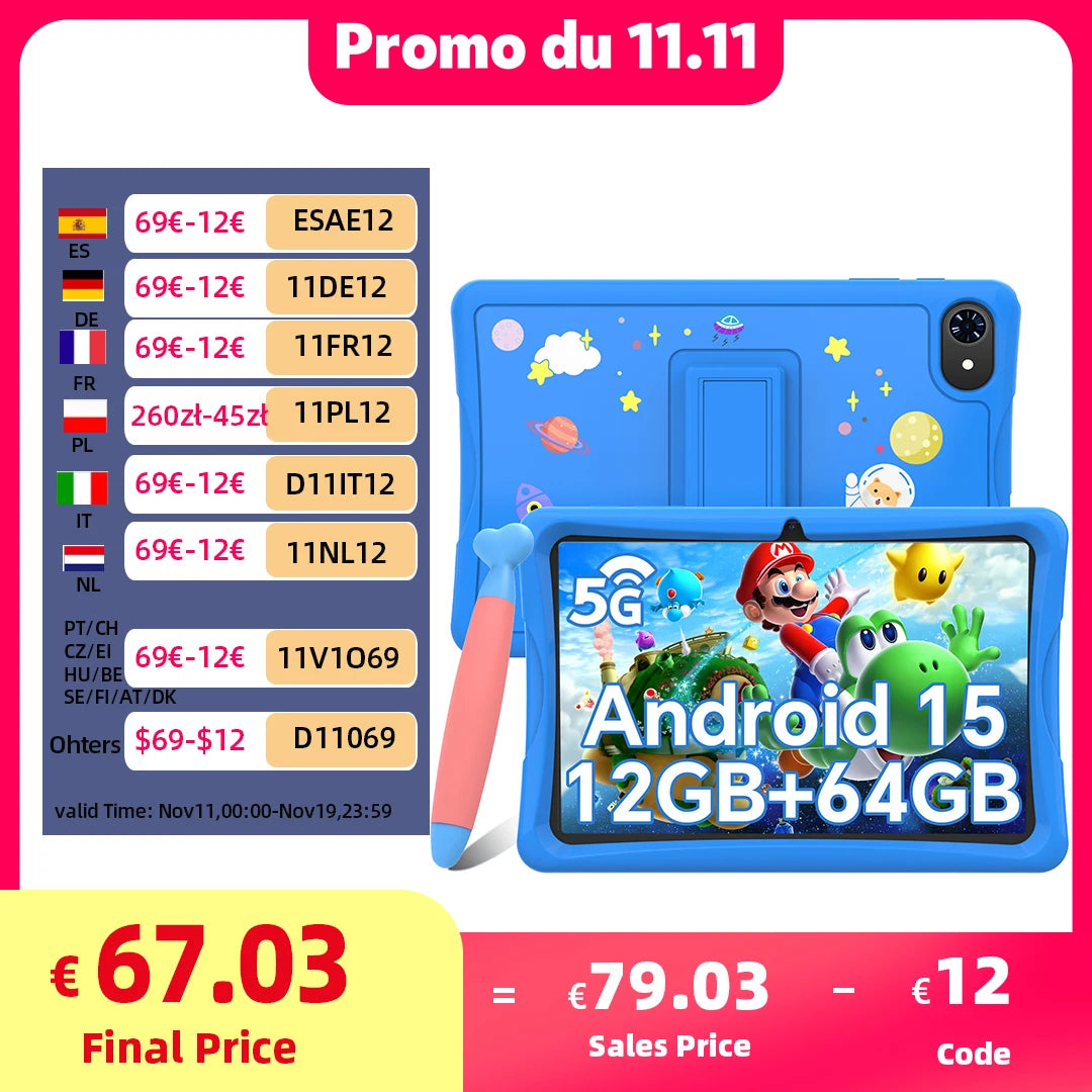 TABWEE K10 Kinder-Tablet 10'' Android 15, 4 GB RAM + 8 GB erweiterbar, 64 GB ROM, 5G WiFi, Widevine L1, 5000 mAh Kinder-Tablet-PC