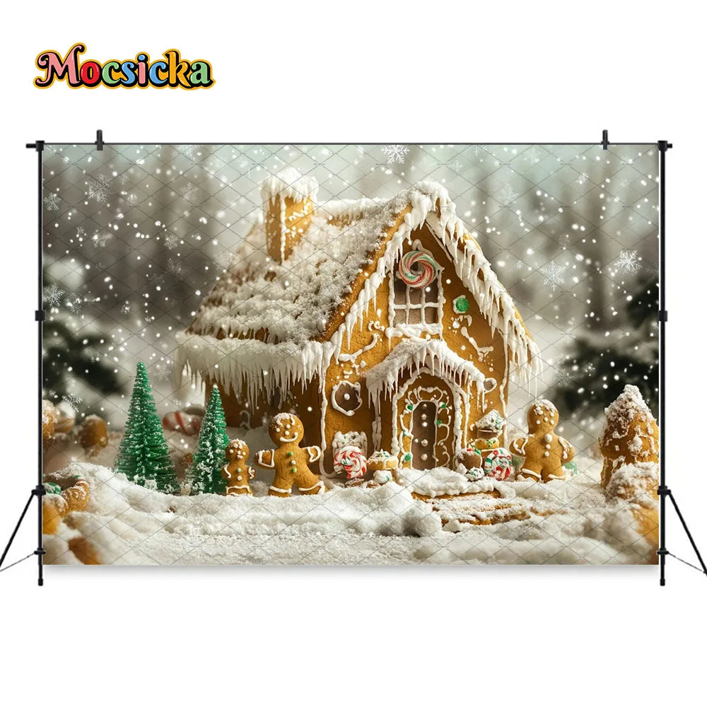 Mocsicka Weihnachten Lebkuchenhaus Fotografie Hintergrund verschneite Weihnachtsbaum Zuckerstangen Hintergrund Winter Urlaub Party Photozone