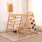 7-in-1 Multifunktionales Klettergerüst aus Holz mit Rutsche und Schaukel, Kletterleiter/Netz/Steinen, Indoor-Spielplatzspielzeug für Kinder ab 3 Jahren