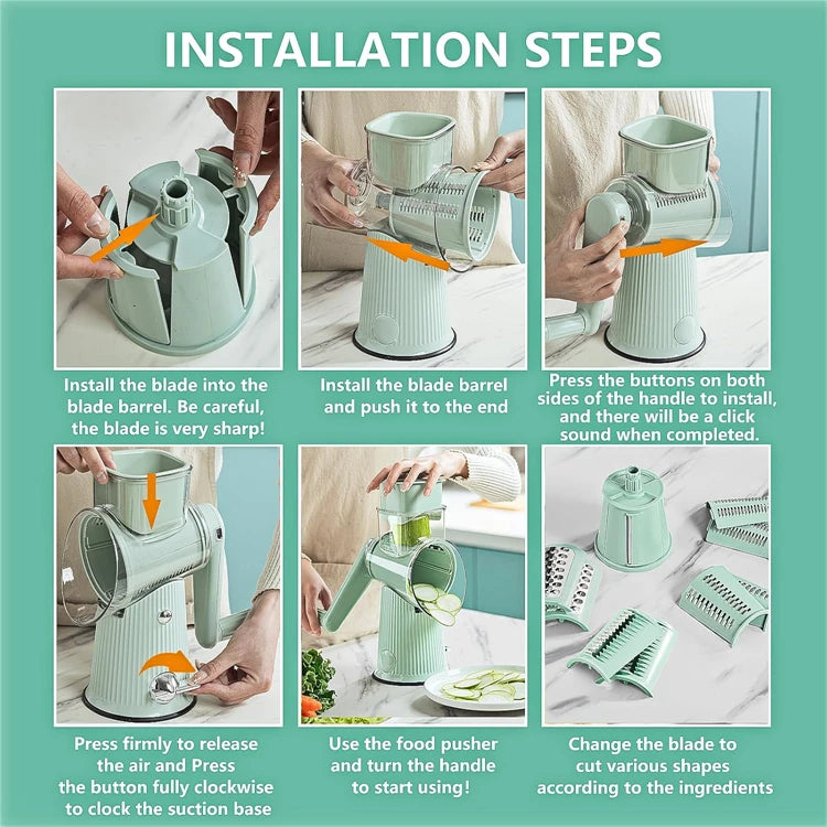 5-in-1 rotierende Käsereibe mit Griff, Küchen-Gemüseschneider, runder Mandoline-Trommelschneider mit Saugbasis JT435