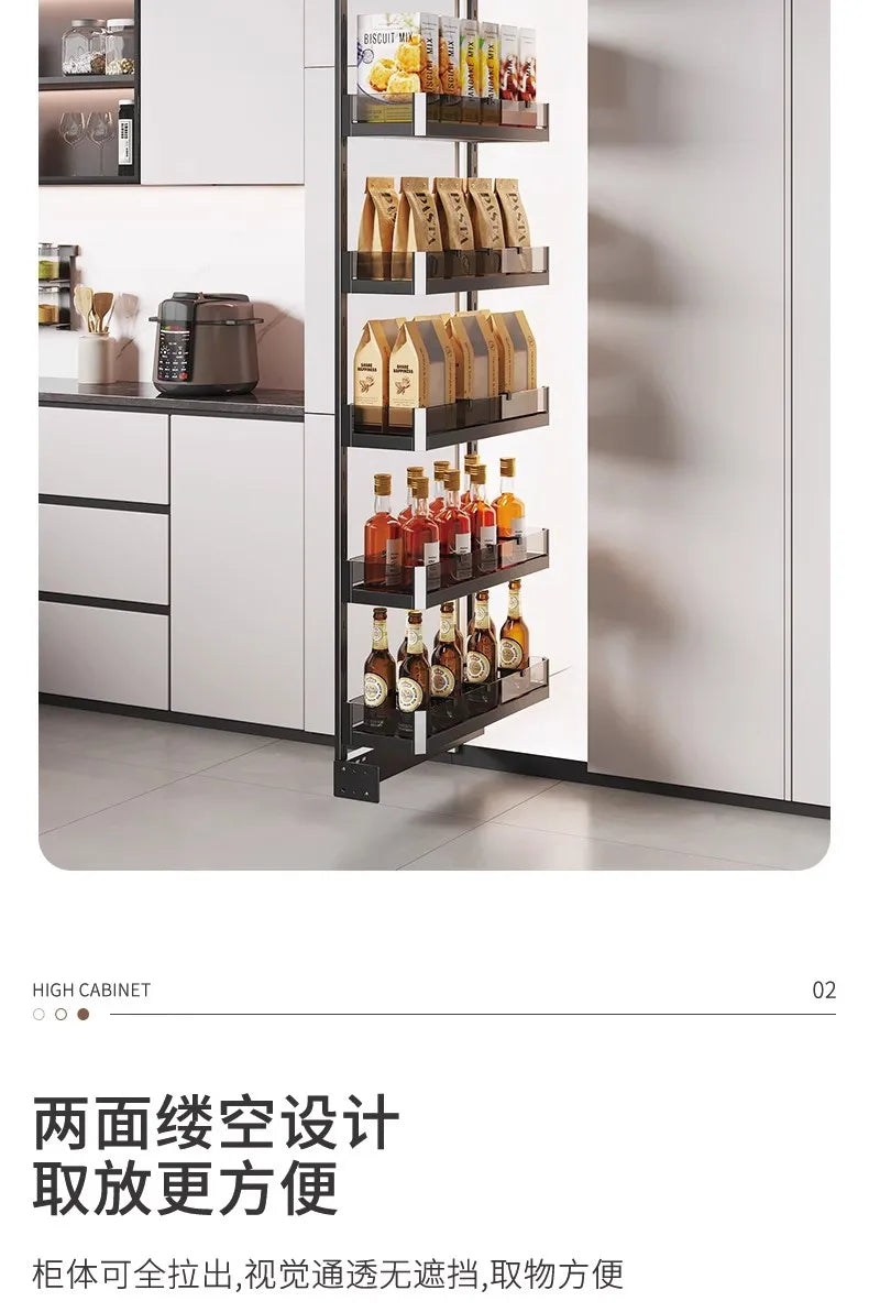Seitlicher Zugkorb mit hohem Schrank, Kühlschrank-Fugenregal, extrem schmaler Snack-Schrank, Schublade, tiefe Küche, schmale Schränke