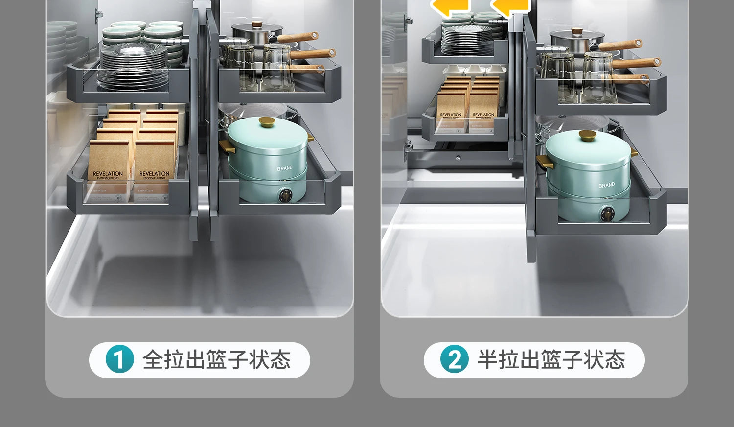 Eckkorb, Küchenschrank, komplett ausziehbar, Aufbewahrungsregal mit zwei Schubladen, Eckkorb