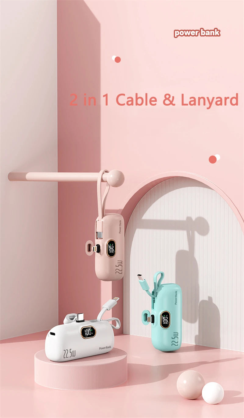 Tragbare Mini-Kapsel-Powerbank, integriertes Kabel, Typ-C-Stecker, 22,5 W, schnelles Aufladen für iPhone, Samsung, Xiaomi, externer Ersatzakku