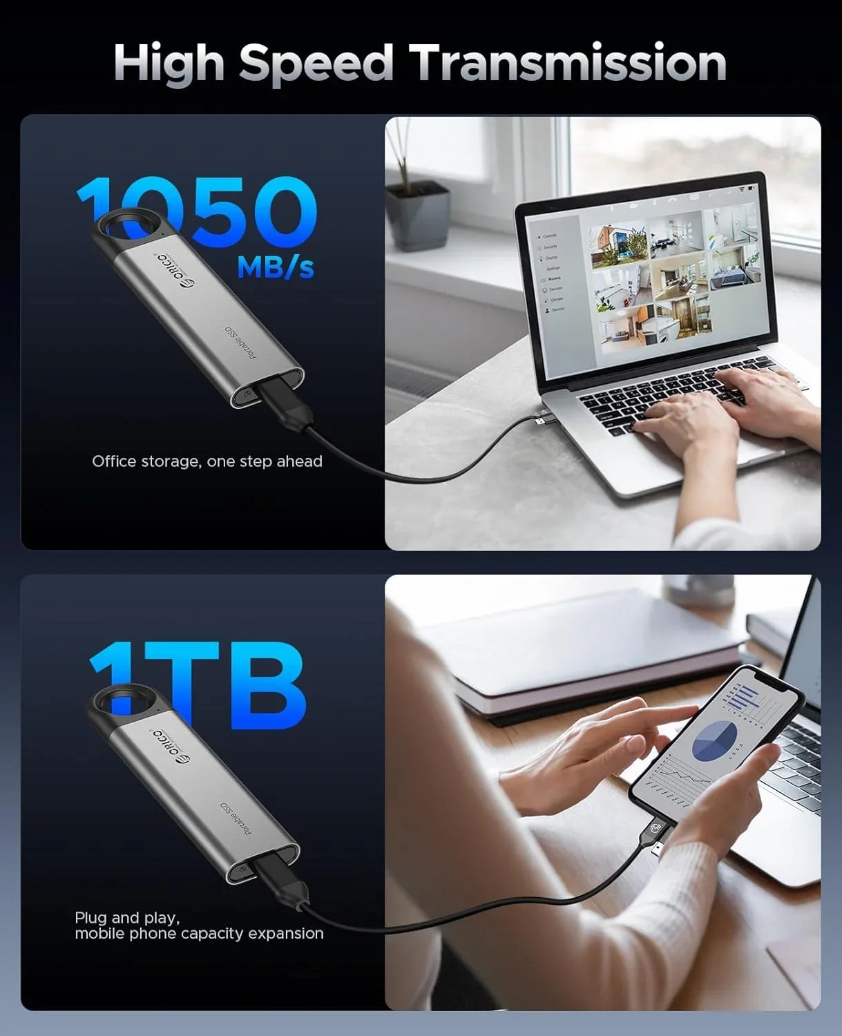 ORICO 1 TB externe SSD bis zu 1050 MB/s Design zum Aufhängen, tragbares Solid-State-Laufwerk, PSSD für Tablets, Laptops, C10
