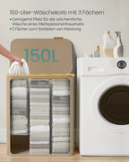 SONGMICS Wäschekorb mit Deckel,Wäschesammler mit 3 Fächern,150 L,herausnehmbarer Wäschesack,Griffe aus Bambus,zusammenklappbar