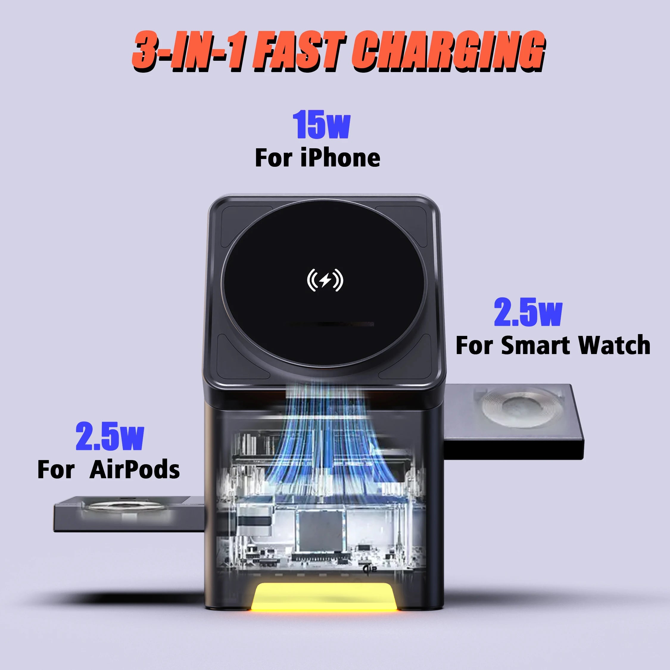 Neues rotierendes magnetisches kabelloses Ladegerät 3 in 1 15 W kabelloses Ladegerät für Telefon, Uhr, Kopfhörer, Home Office, Reisen, bequem