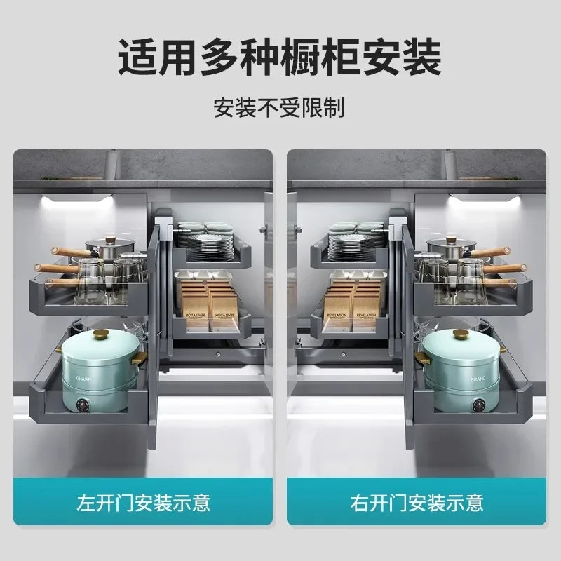 Eckkorb, Küchenschrank, komplett ausziehbar, Aufbewahrungsregal mit zwei Schubladen, Eckkorb