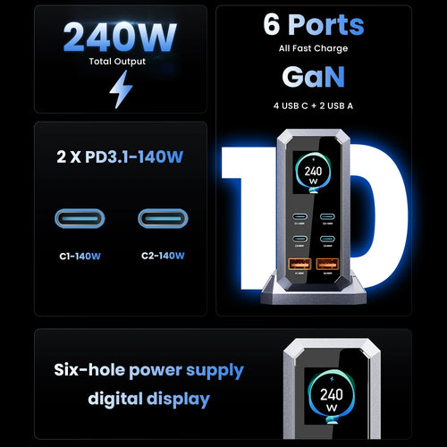 240 W GaN Ladegerät PD3.1 140 W USB Typ C 6 Ports PPS PD Desktop Schnellladestation für MacBook Laptops Tablet iPhone Samsung