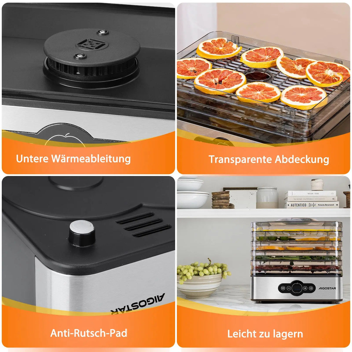 Aigostar Crispy Lebensmitteltrockner – 240W, 5 Tabletts, 35–70°C, 0–99h Timer, LED | CE | Obst, Fleisch & Gemüse