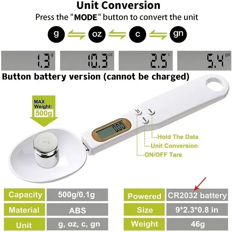 Mini-Löffelwaage, digitale Küchenwaage, elektronische LCD-Lebensmittelwaage, 0,1–500 g, Kochmehl, Milch, Kaffee, Pulver, Gewicht, Messlöffel