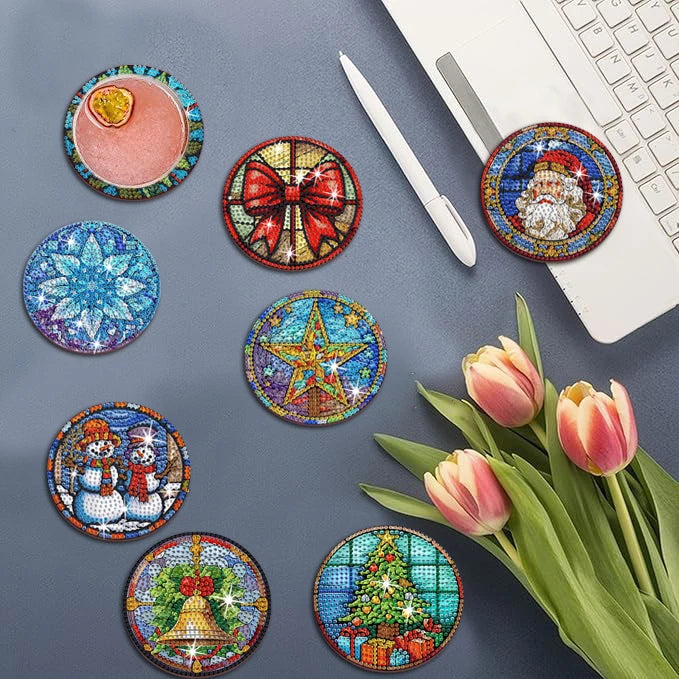 8-teiliges DIY-Diamant-Malerei-Kunstset mit Weihnachtsmotiv, Handwerkskunst, rutschfeste Untersetzer aus Holz ohne Klammern