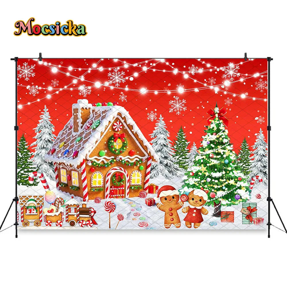 Mocsicka Weihnachten Lebkuchenhaus Fotografie Hintergrund verschneite Weihnachtsbaum Zuckerstangen Hintergrund Winter Urlaub Party Photozone