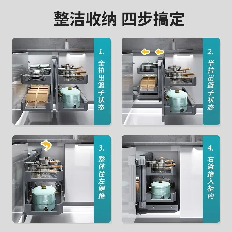 Eckkorb, Küchenschrank, komplett ausziehbar, Aufbewahrungsregal mit zwei Schubladen, Eckkorb