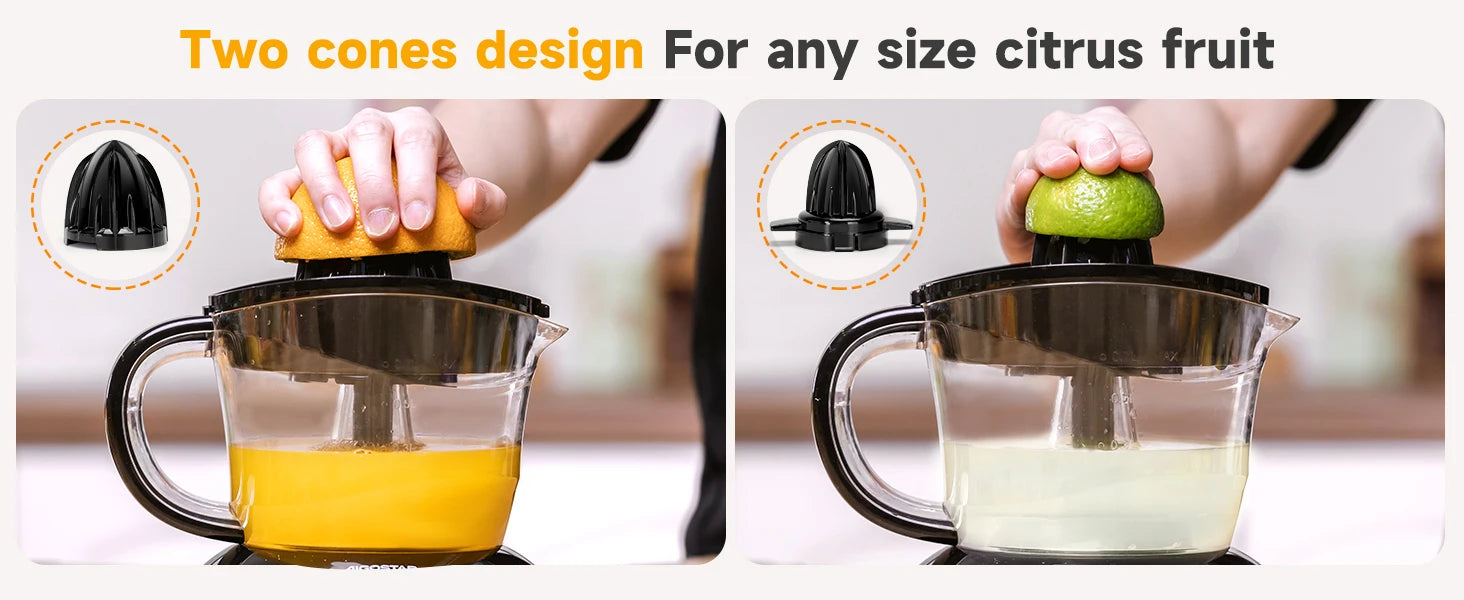 Aigostar elektrische Zitrus presse 40 Watt 700 ml, Zitrus presse mit Tropf auslauf, 2 austauschbare Zapfen. Bpa frei