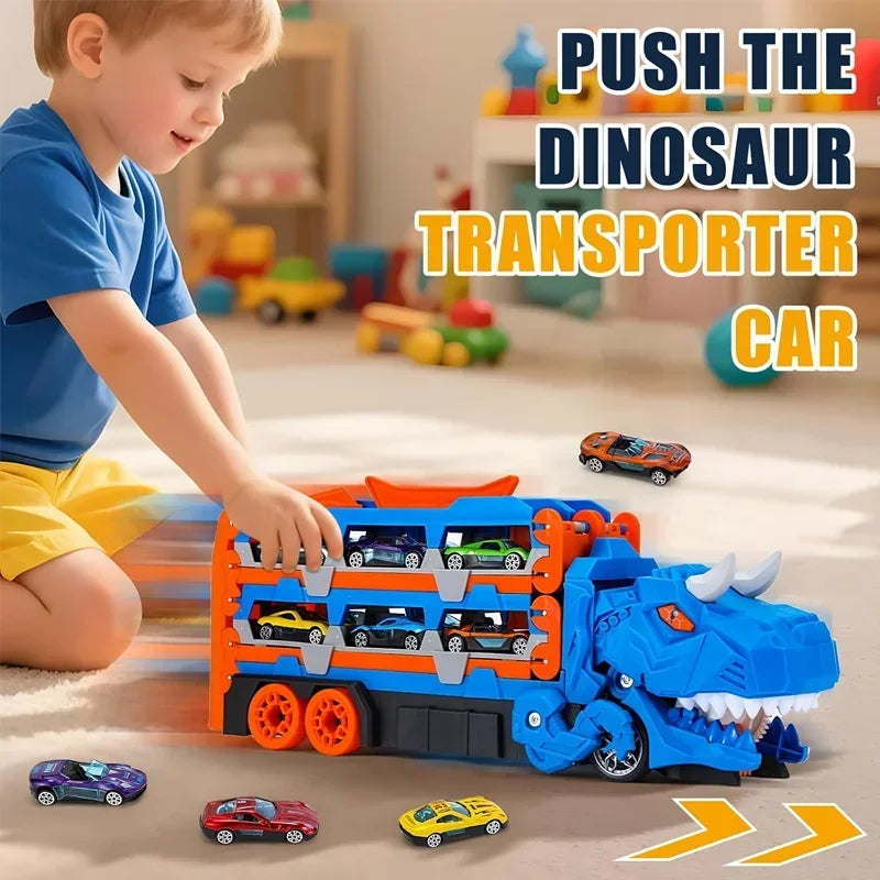 Dreiteiliger Dinosaurier-Spielzeuglaster – Sechs Miniatur-Automodelle aus Metalllegierung