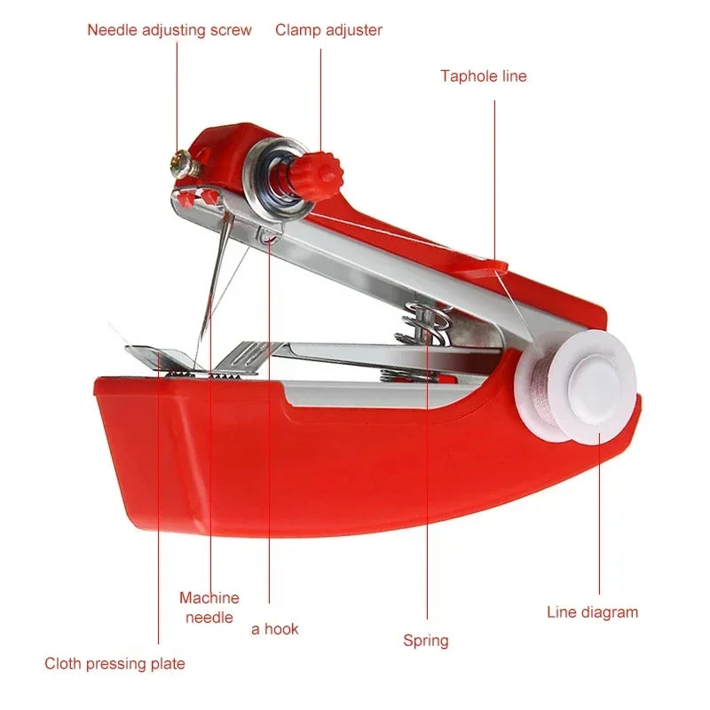 Edieu Mini-Nähmaschine tragbar – Handgerät, Metall, für Stoff & Leder, mit Fadenset