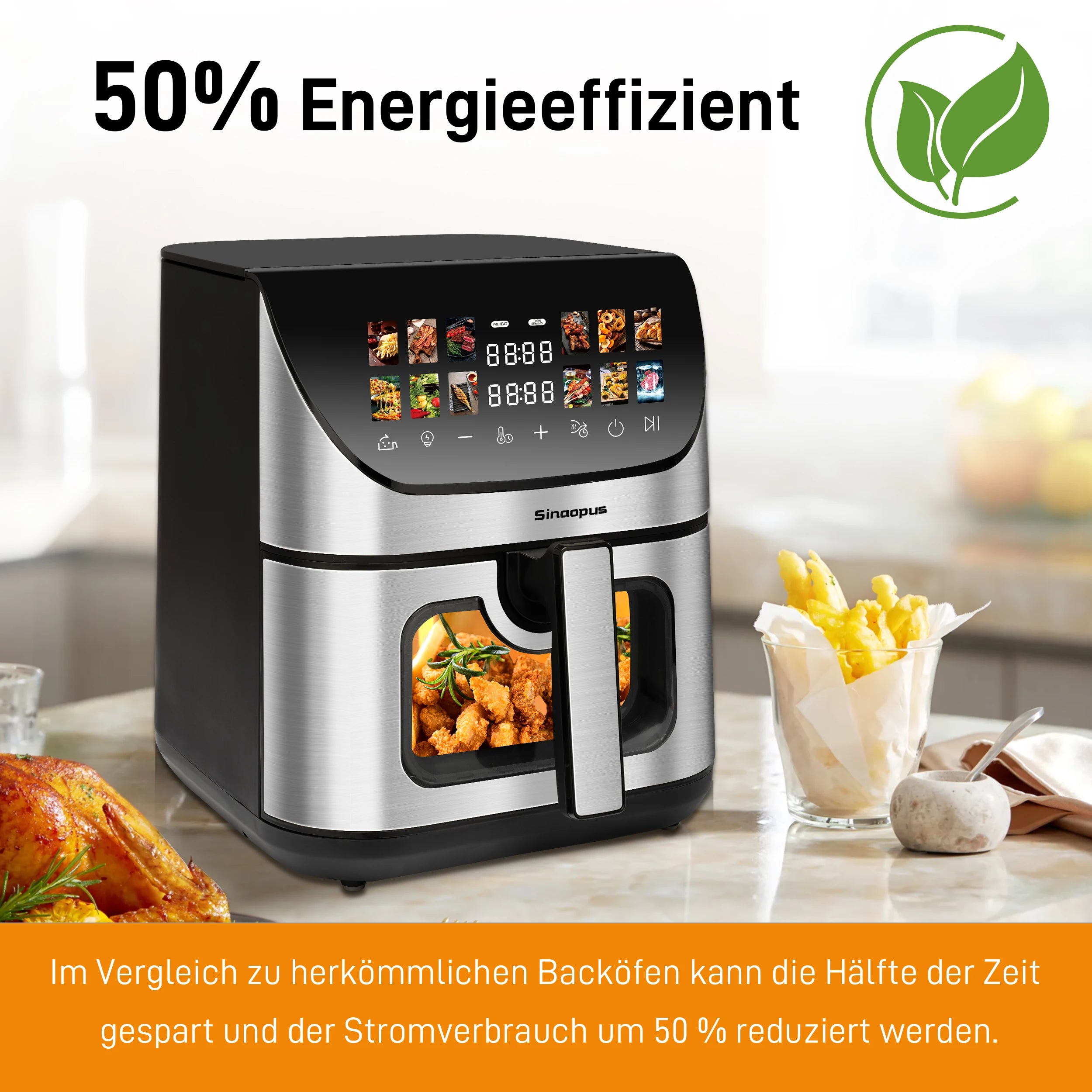 8-Liter-Heißluftfritteuse mit Sichtfenster und Backofen