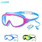 Schwimmbrille für Kinder mit großem Rahmen, Nasenclips und Ohrstöpseln