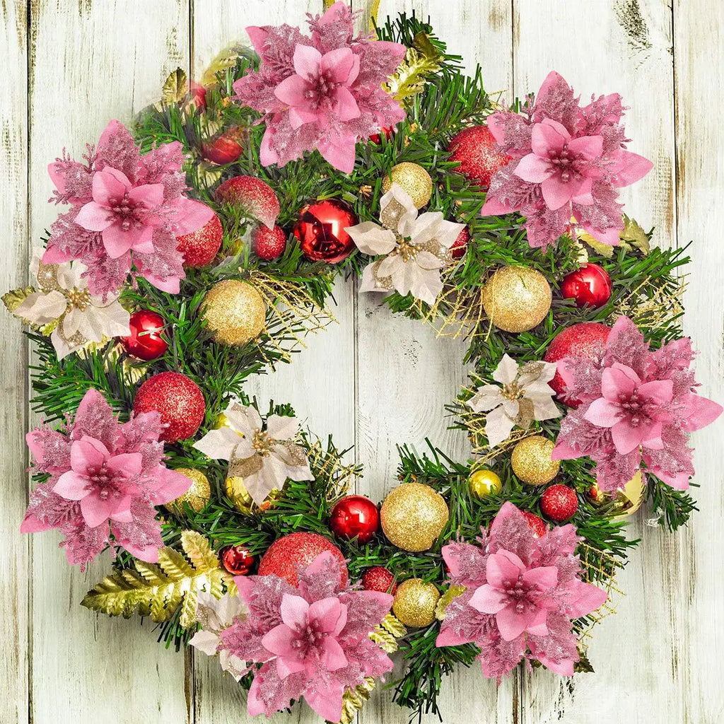 5/10 Stück rosa Weihnachtsglitter künstliche Blumen Weihnachtsbaumschmuck für Zuhause 2025, Weihnachtsschmuck, Neujahrsdekoration, Navidad