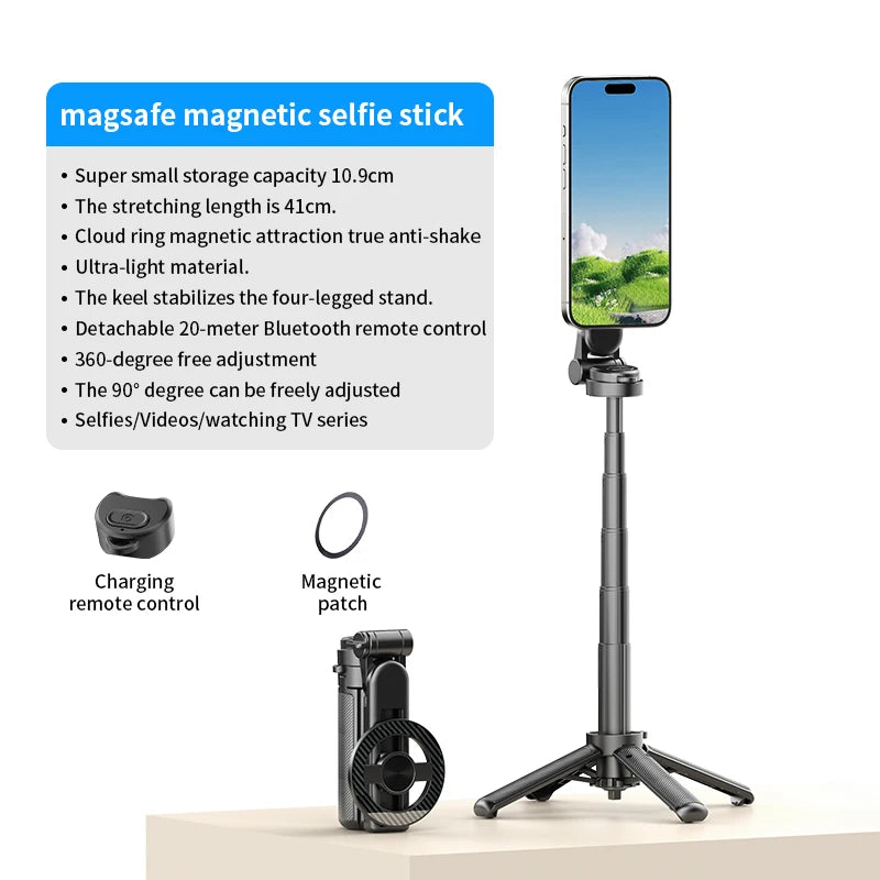 CrownQu T20-C Magnetischer Selfie-Stick & Stativ - MagSafe, 360 Grad, Bluetooth 20m | iPhone & Android | Schwarz