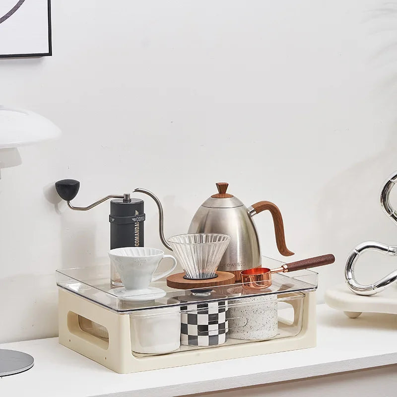 PVC-Kaffeestations-Organizer mit mehreren Schubladen, ausgestattet mit Aufbewahrungsmöglichkeiten für Tassen und Snacks sowie Fächern für Teebeutel – ideal für Küchenarbeitsplatten
