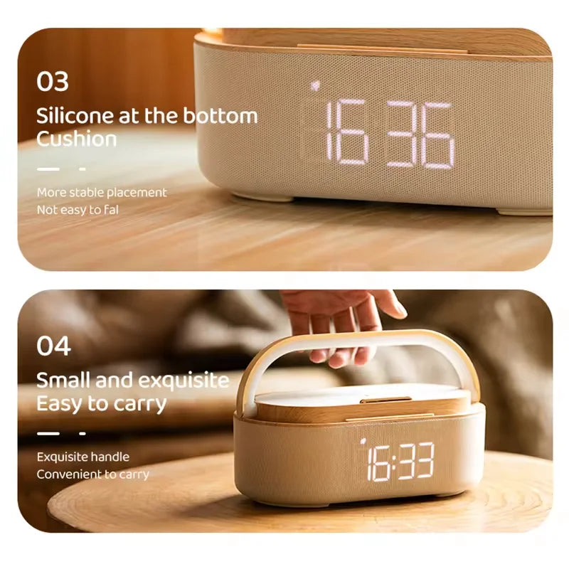 Digitales Weckerradio mit Bluetooth-Lautsprecher, 15 W kabelloses Ladegerät, zwei kabellosen Lautsprecher, einstellbarer lauter Alarmton