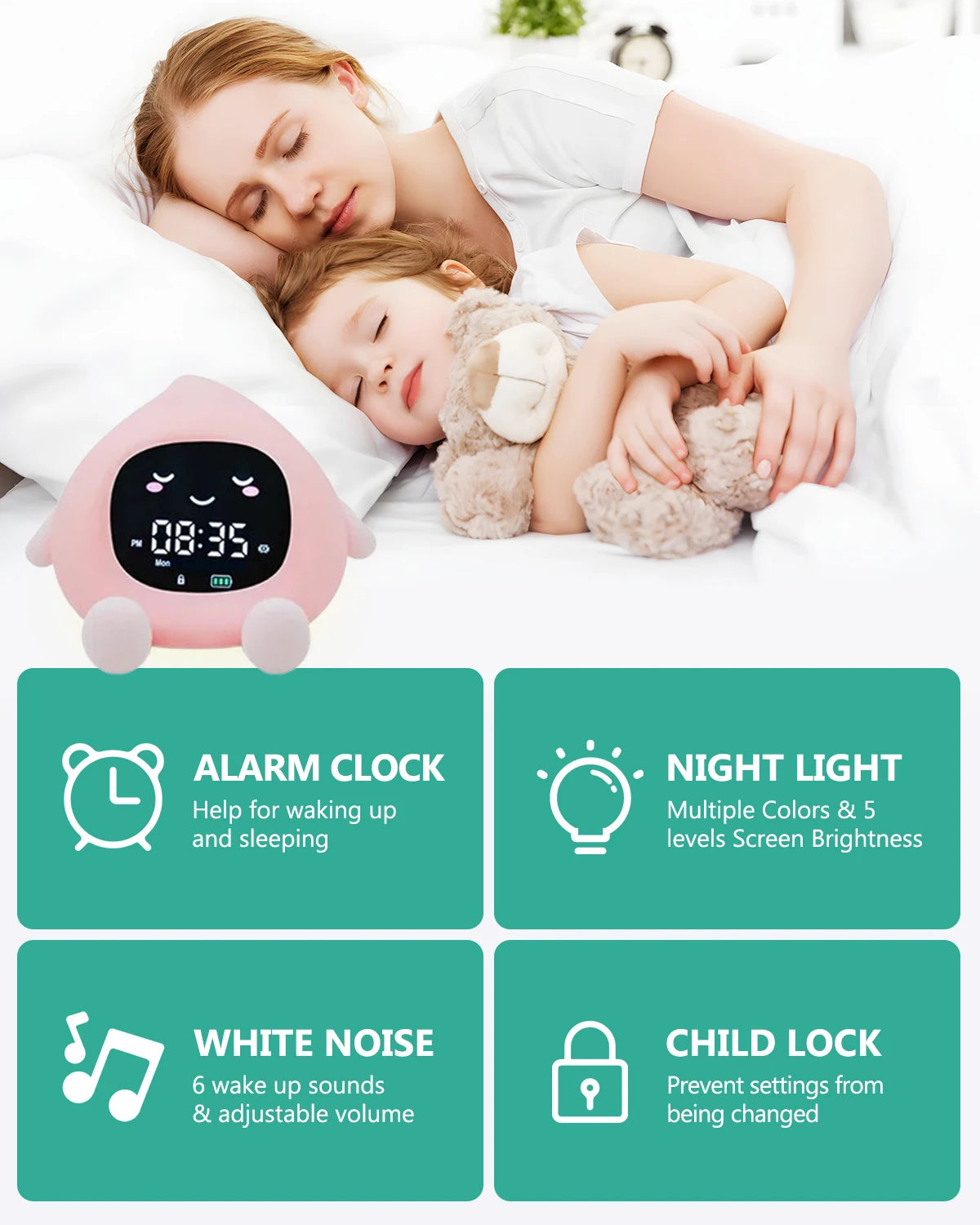 ORIA Kinderwecker & Schlaftrainer – Nachtlicht, OK-to-Wake, USB-C, Pfirsich-Design