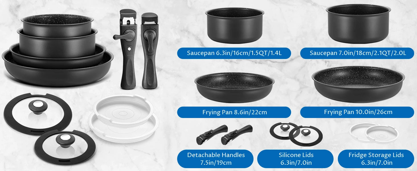 Induktionskochgeschirr-Set 10-teilig, antihaftbeschichtetes Töpfe- und Pfannenset mit abnehmbaren Griffen, für alle Kochfelder, stapelbares Design, Spülmaschine/