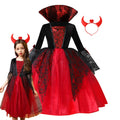 Halloween Kostüm Mädchen – Vampir-Teufel-Prinzessin, Schwarz-Rotes Tüllkleid mit Zubehör
