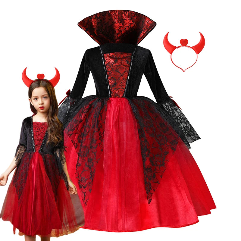 Halloween Kostüm Mädchen – Vampir-Teufel-Prinzessin, Schwarz-Rotes Tüllkleid mit Zubehör