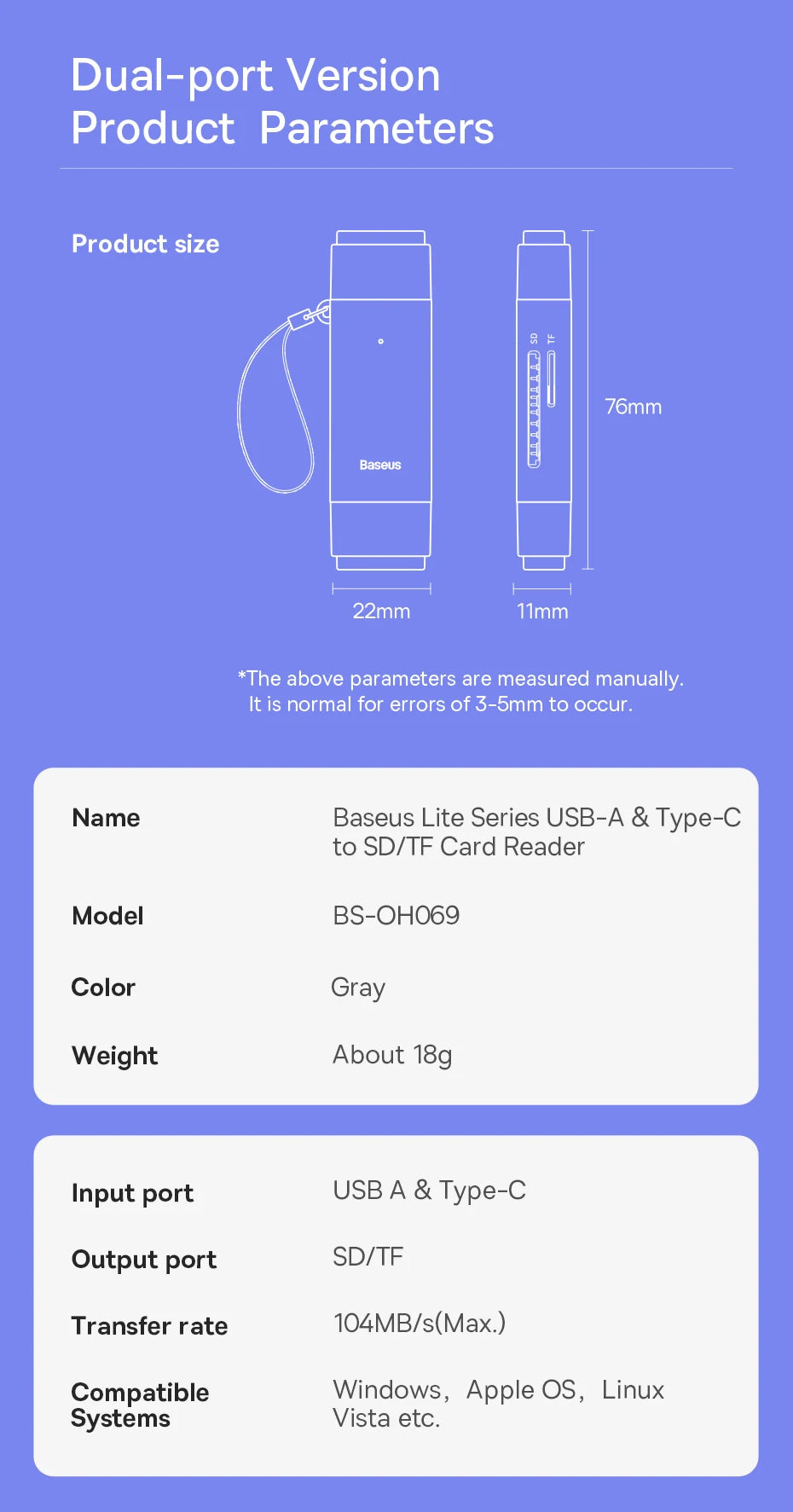 Baseus Kartenleser USB C & USB3.0 zu SD Micro SD TF Speicherkartengerät 104 MB/s 2 TB Smart Card Reader für Laptop-Zubehör