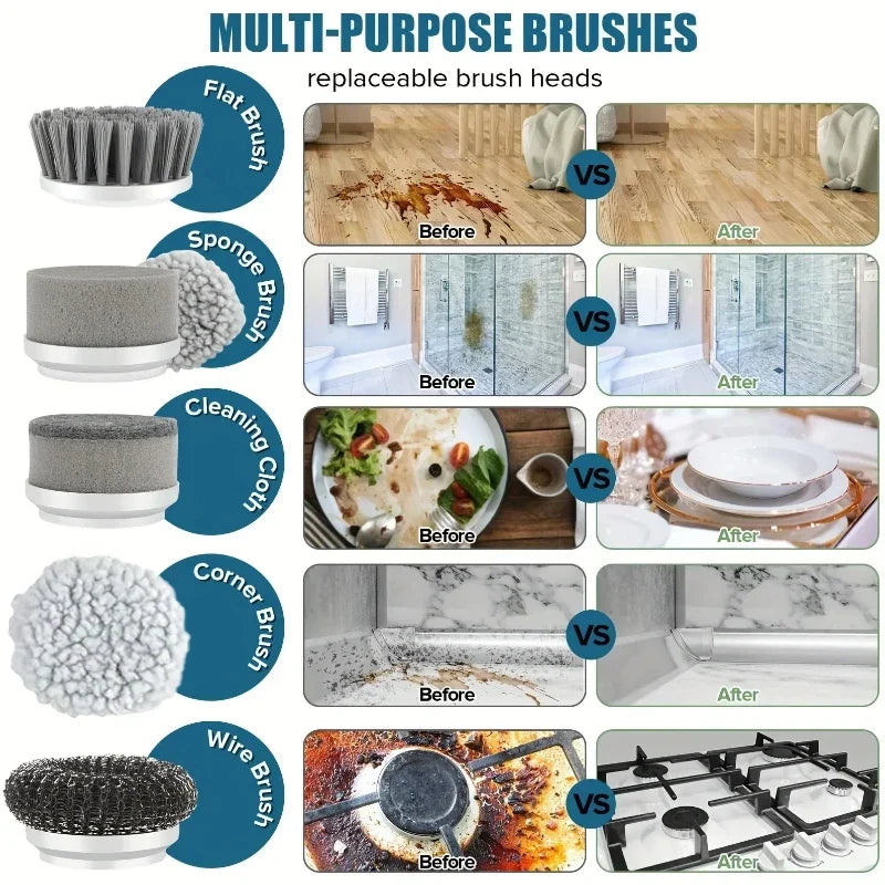 Elektrischer Schleuderschrubber, kabellose Reinigungsbürste für Badezimmer, Power Scrubber mit 5 austauschbaren Bürstenköpfen, elektrische Reinigungsbürste