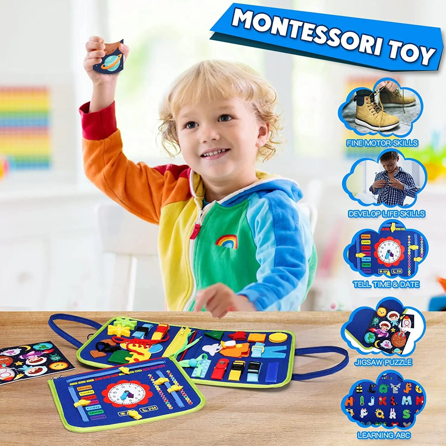 Montessori Toys Busy Board Sensorische Aktivität Entwicklungsboard für motorische Fähigkeiten, Lernbrett für Kleinkinder