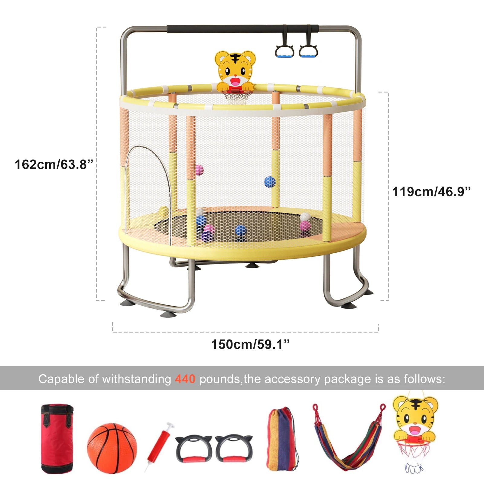 Kindertrampolin, verstellbares Kleinkindtrampolin mit Basketballkorb, Schaukel, Sandsack, Ozeanbälle, Trampolin mit Netz