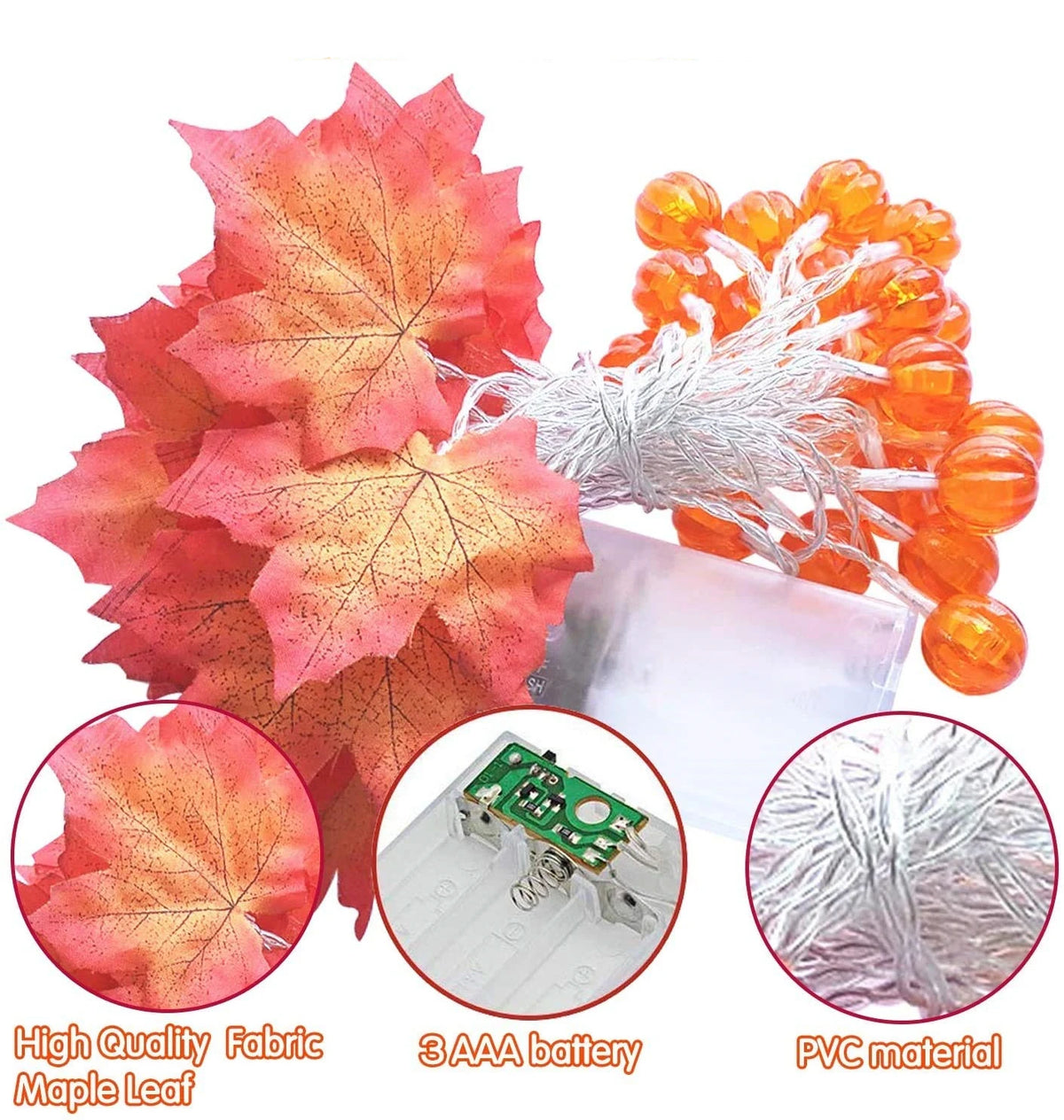Halloween LED-Lichterkette Kürbis & Ahornblatt – Warmweiß, IP45, 1,5m / 3m / 6m