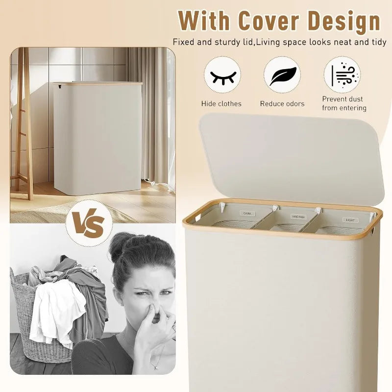160 l extra großer Wäschekorb mit Deckel, 3 Gitter, Innentaschen, Wäschekorb, Griffe, Klassifizierungsetiketten, faltbarer Wäschekorb