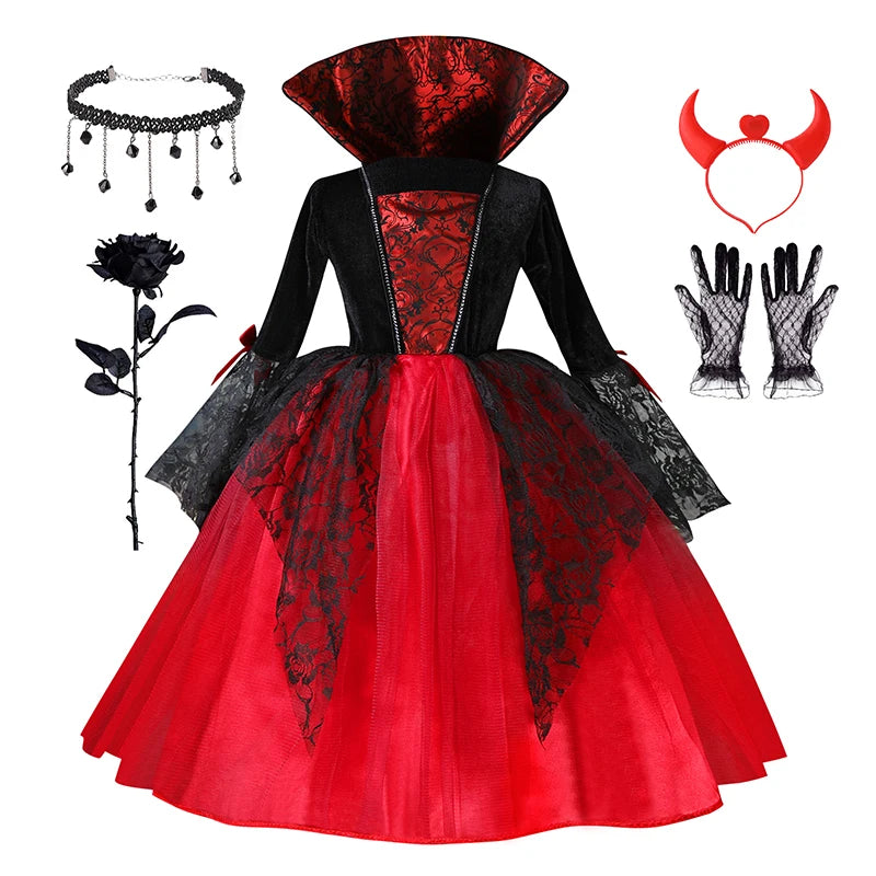 Halloween Kostüm Mädchen – Vampir-Teufel-Prinzessin, Schwarz-Rotes Tüllkleid mit Zubehör