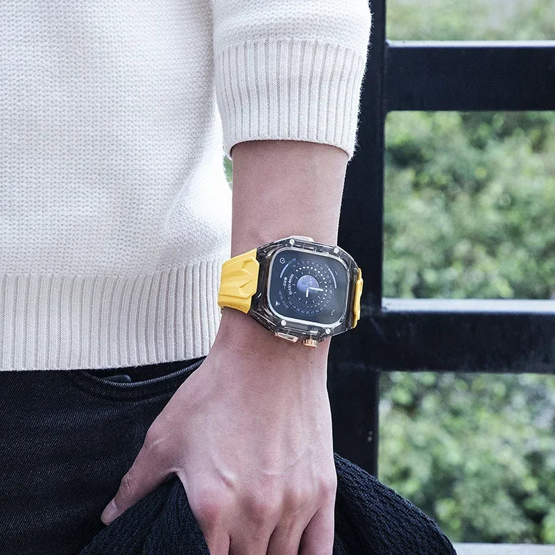 Luxuriöses Modifikations-Mod-Kit für Apple Watch Band-Gehäuse 8 7 45 mm, transparente Lünette, TPU-Armband für IWatch SE 6 5 4 44 mm