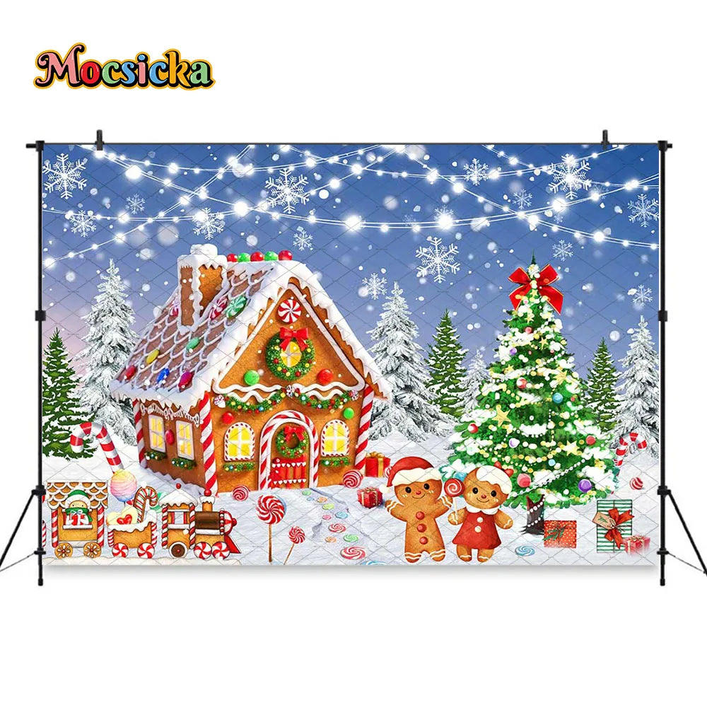 Mocsicka Weihnachten Lebkuchenhaus Fotografie Hintergrund verschneite Weihnachtsbaum Zuckerstangen Hintergrund Winter Urlaub Party Photozone