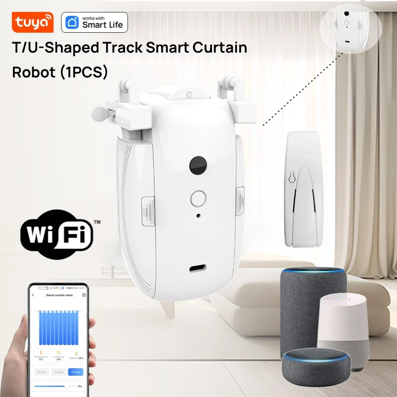 Tuya Smart WiFi Vorhangroboter (mit Gateway), APP-Fernbedienung, Sprachsteuerung, inklusive Zubehör für T/U-Vorhangschienen