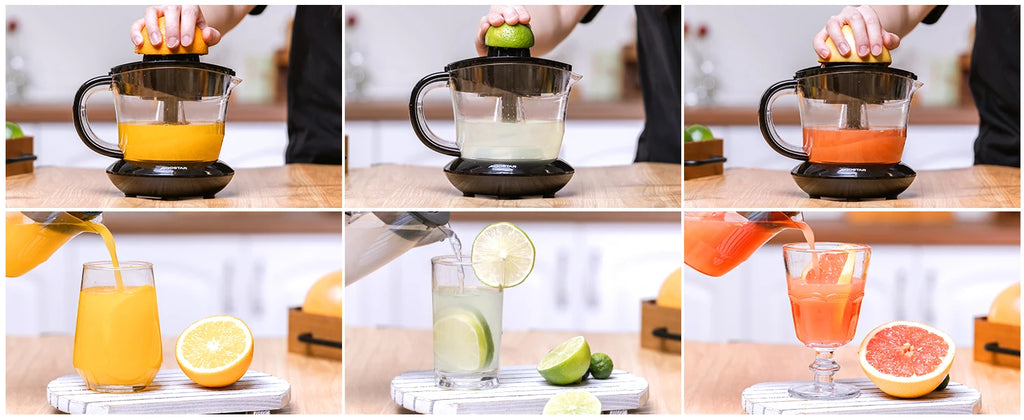 Aigostar elektrische Zitrus presse 40 Watt 700 ml, Zitrus presse mit Tropf auslauf, 2 austauschbare Zapfen. Bpa frei