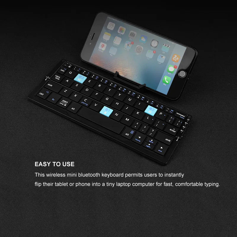 BOW Mini-Klapp-Bluetooth-Tastatur, kabellose Tastatur, unterstützt 3 Geräte mit Ständer, wiederaufladbare faltbare Tastatur für Telefon, Tablet
